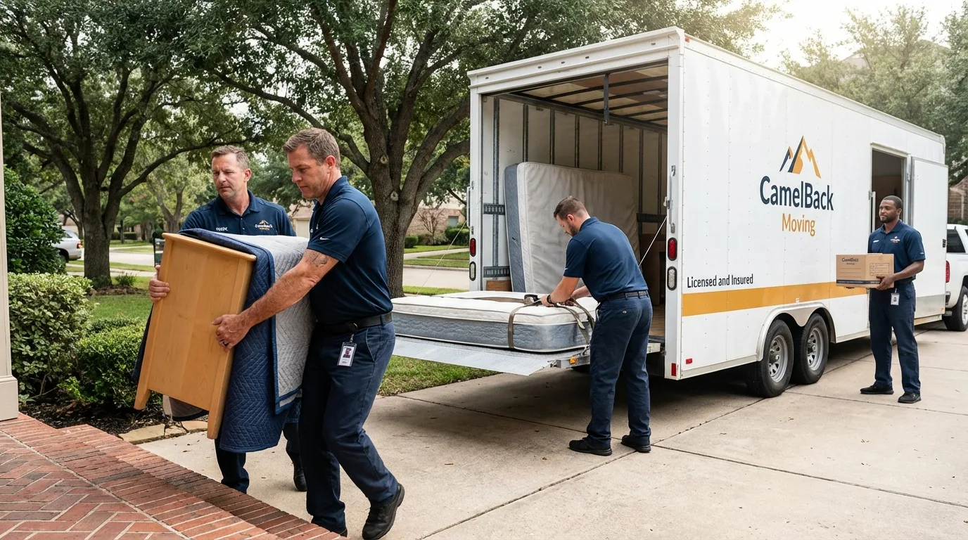 Crew loading residential truck for cross-state move from Hope, ME