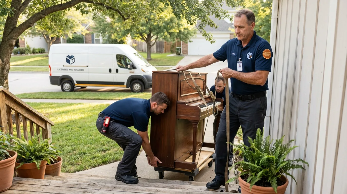 Licensed piano movers securing grand piano in Hope, ME