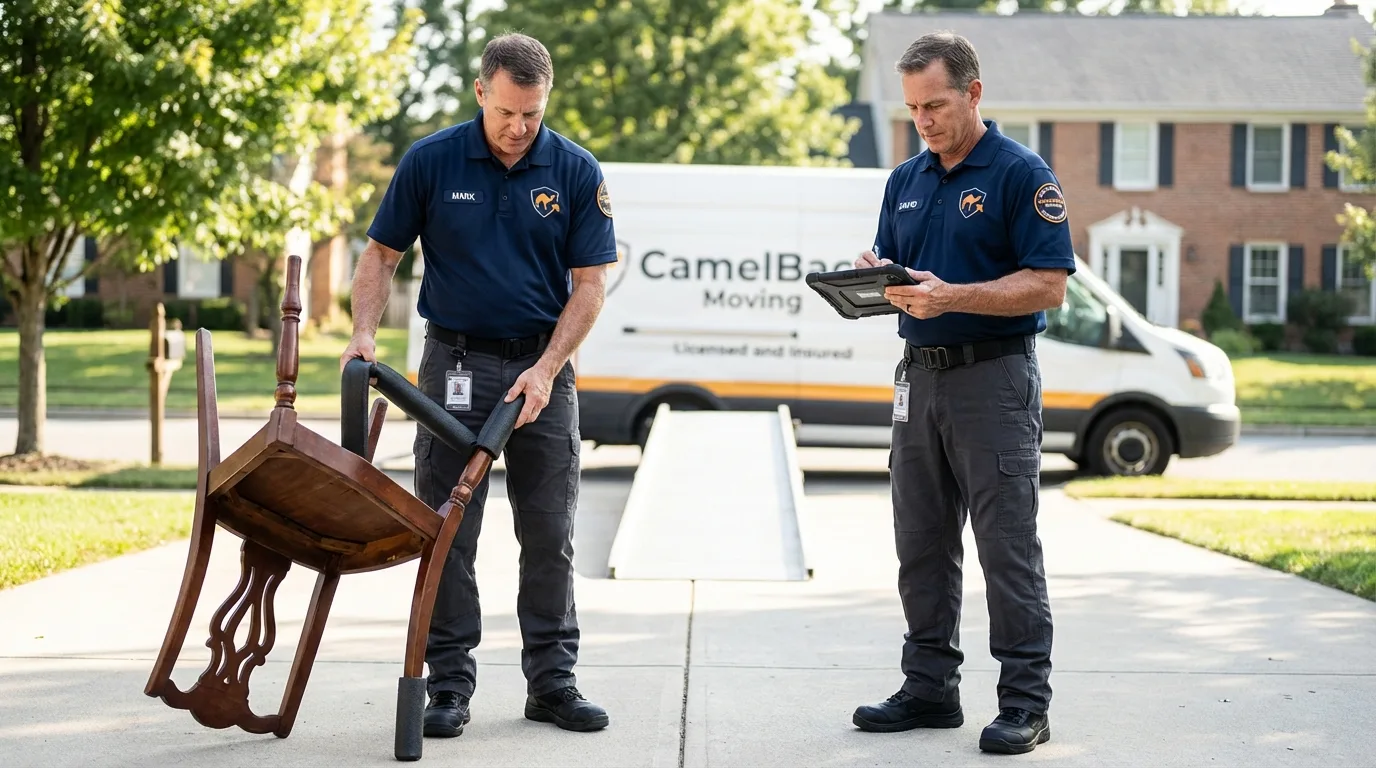 Movers inspecting furniture for damage prevention before loading in Hope, ME
