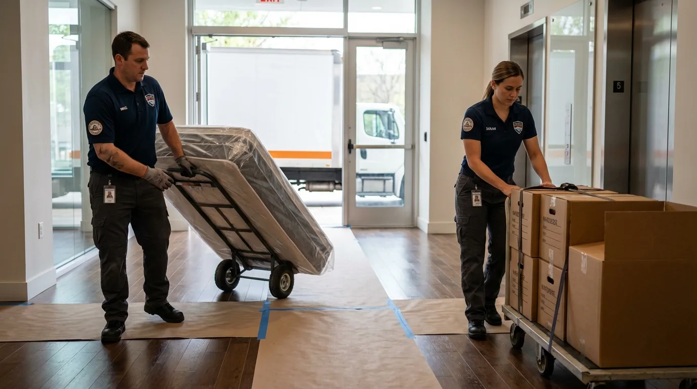 Professional apartment movers loading elevator in Hope, ME