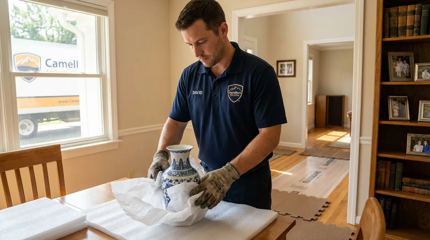 Professional crew carefully wrapping antique vase for senior downsizing move in Hope, ME