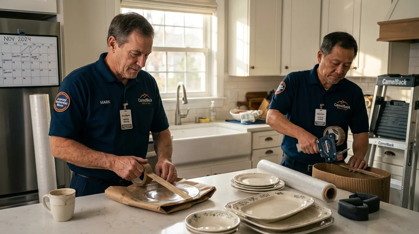 Professional crew packing kitchen dishware in Hope, ME
